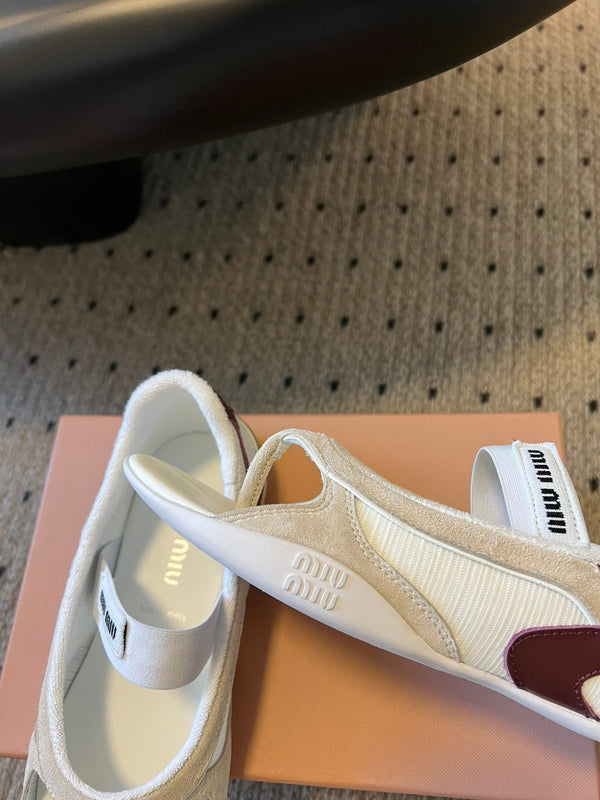 Miu Miu 26 Mary Jane Tongs Décontractées Blanc Marron en Tissu Maille 614740