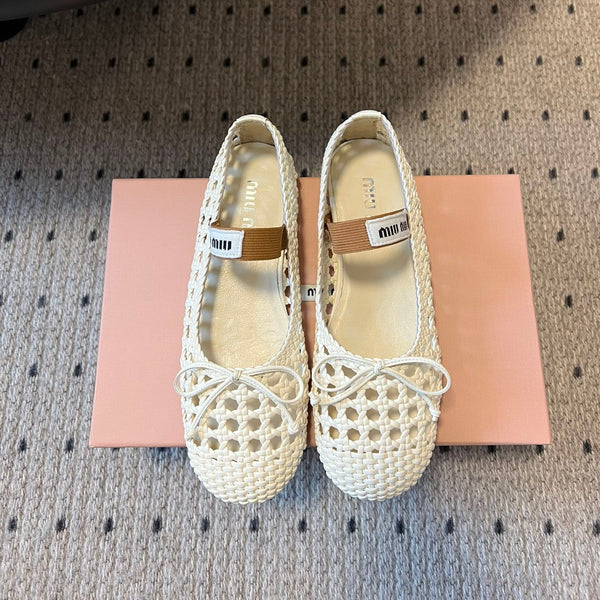 Miu Miu 26SS Ballet Flats White in Sheepskin Leather Woven Mesh 614699