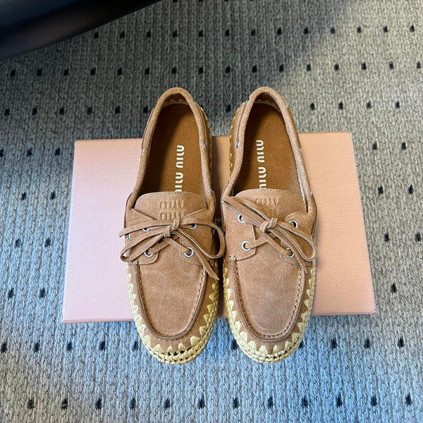 Miu Miu Mocassin 26ss Marron en Daim avec Paille de Raphia 614557