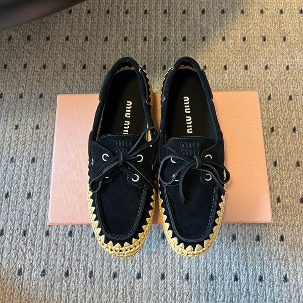Miu Miu 26ss Loafer Black in Suede With Raffia Straw 614556