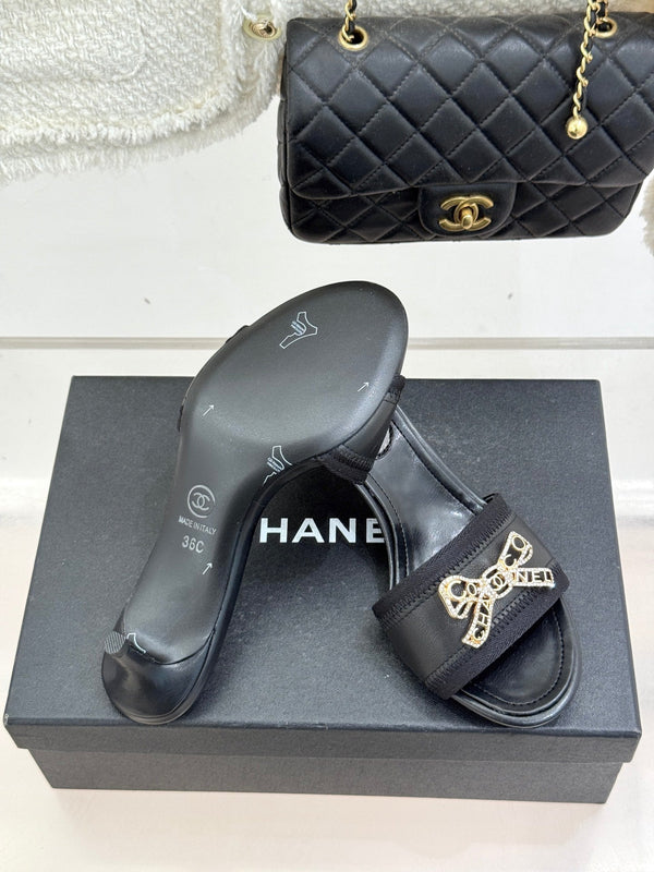 Chanel Classic Rhinestone Double C Bow Kitten Heel Slippers Black in Leather 615820