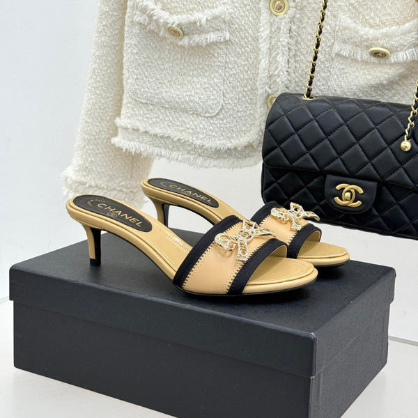 Chanel Classic Rhinestone Double C Bow Kitten Heel Slippers Beige in Leather 615818