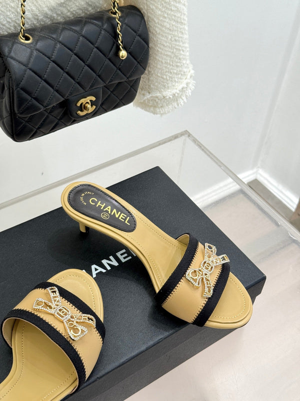 Chanel Classic Rhinestone Double C Bow Kitten Heel Slippers Beige in Leather 615818