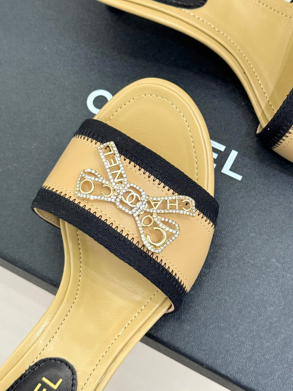 Chanel Classic Rhinestone Double C Bow Kitten Heel Slippers Beige in Leather 615818