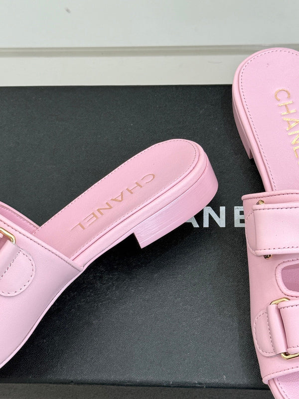 Chanel 26C Double C Backpack Buckle Velcro Slippers Pink in Lambskin 615793