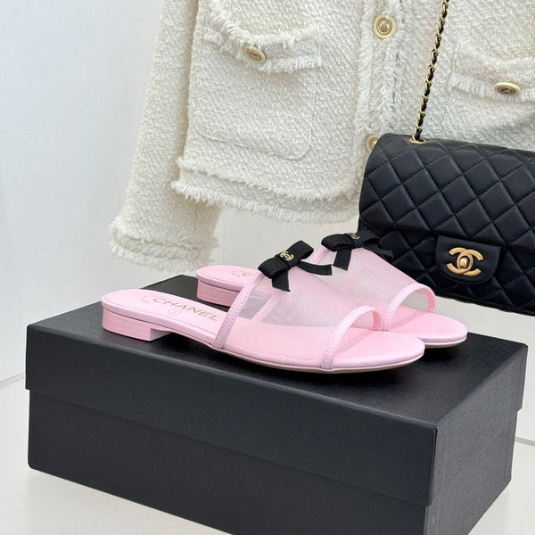 Mules Chanel 26C Double C nœud rose en maille 615710