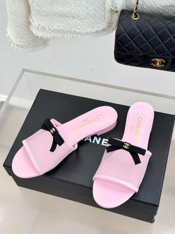 Mules Chanel 26C Double C nœud rose en maille 615710