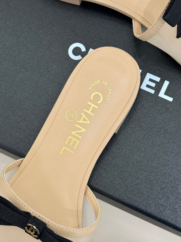 Chanel  26C Double C Bow Slippers Beige in Mesh 615708