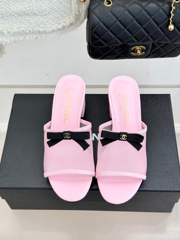 Chanel  26C Double C Bow Slippers High Heel Pink in Mesh 615706
