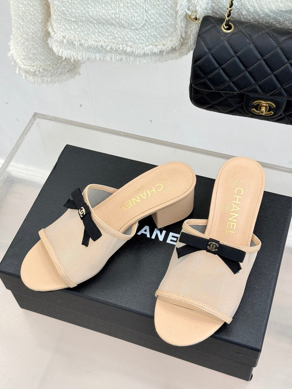 Chanel  26C Double C Bow Slippers High Heel Beige in Mesh 615705