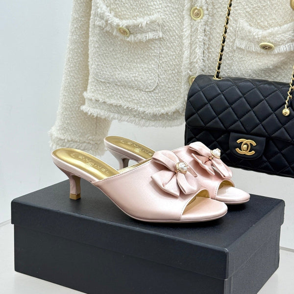 CC 26s Bow Slippers High Heel 35mm Pink Satin Sheepskin 615749