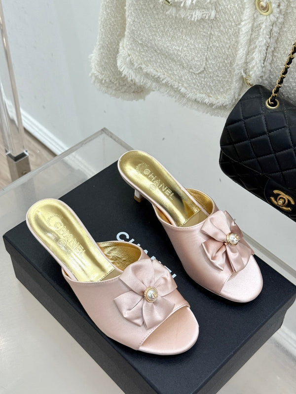 CC 26s Bow Slippers High Heel 35mm Pink Satin Sheepskin 615749