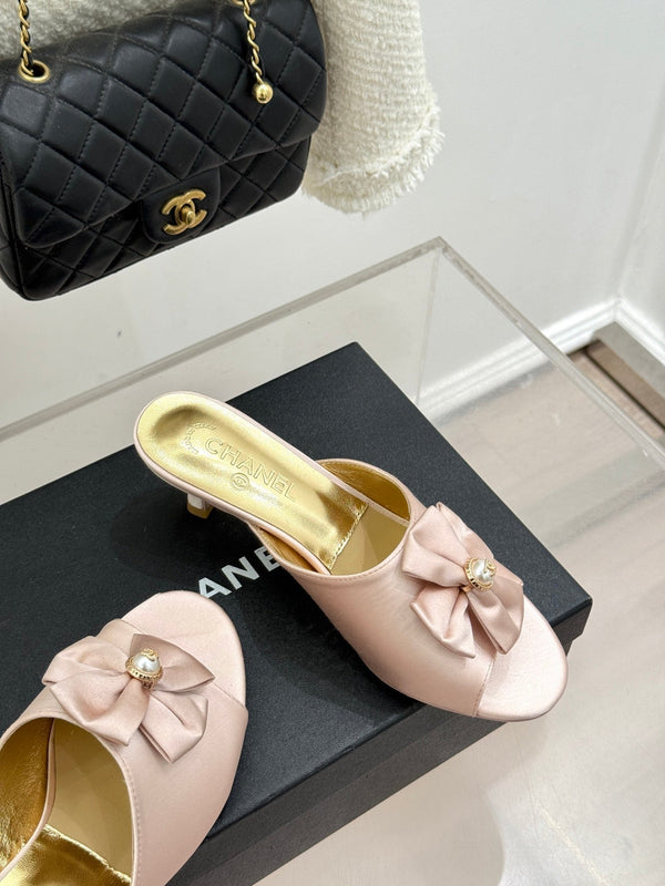CC 26s Bow Slippers High Heel 35mm Pink Satin Sheepskin 615749