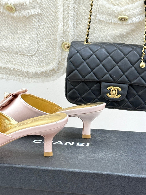 CC 26s Bow Slippers High Heel 35mm Pink Satin Sheepskin 615749