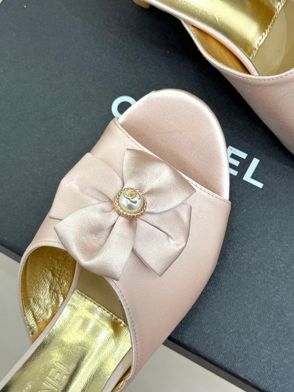 CC 26s Bow Slippers High Heel 35mm Pink Satin Sheepskin 615749