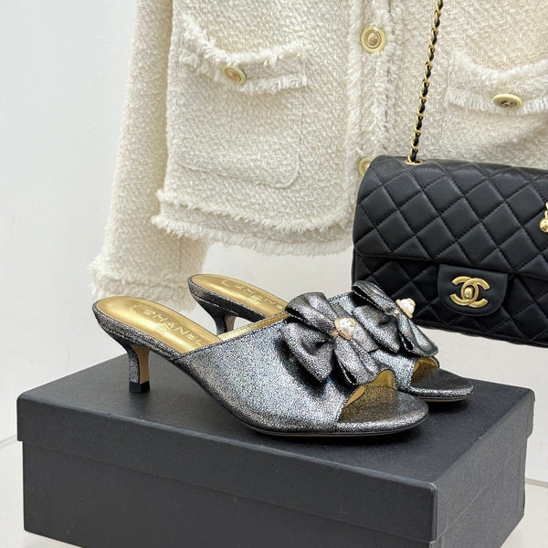 CC 26s Bow Slippers High Heel 35mm Dark Silver Metallic Satin Sheepskin 615747