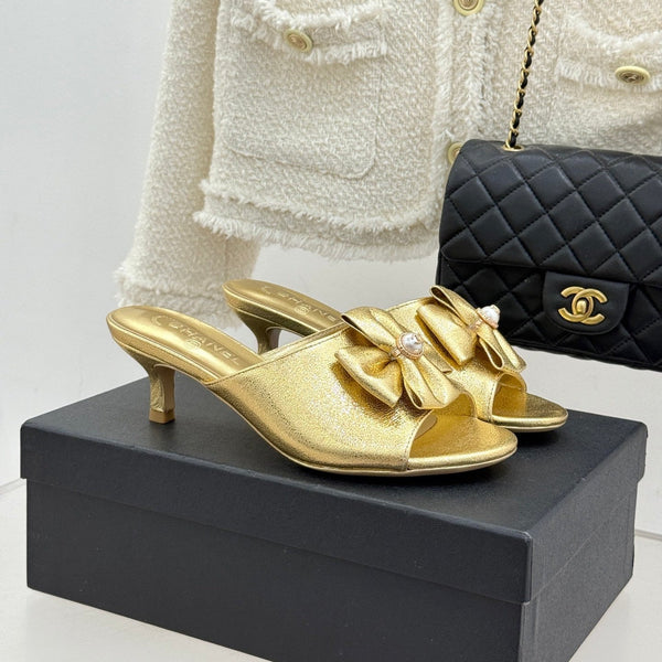 CC 26s Bow Slippers High Heel 35mm Gold Metallic Satin Sheepskin 615746