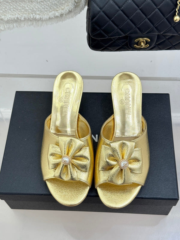 CC 26s Bow Slippers High Heel 35mm Gold Metallic Satin Sheepskin 615746