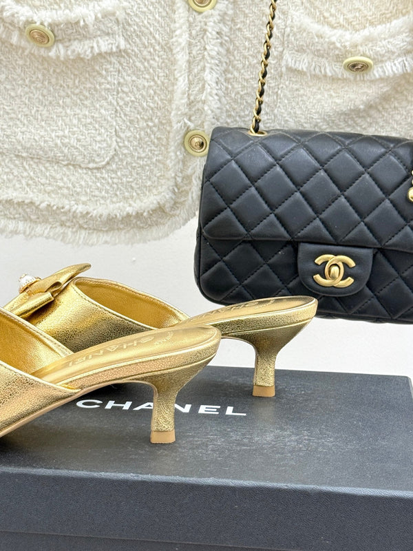 CC 26s Bow Slippers High Heel 35mm Gold Metallic Satin Sheepskin 615746