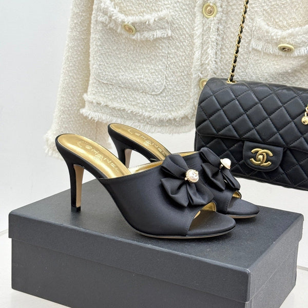 CC 26s Bow Slippers High Heel 75mm Black Satin Sheepskin 615745