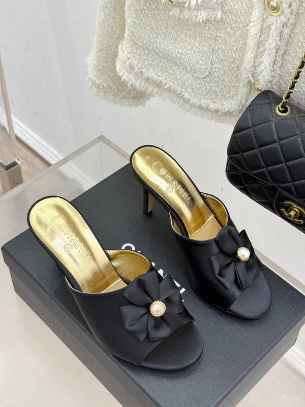 CC 26s Bow Slippers High Heel 75mm Black Satin Sheepskin 615745