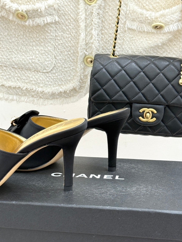 CC 26s Bow Slippers High Heel 75mm Black Satin Sheepskin 615745