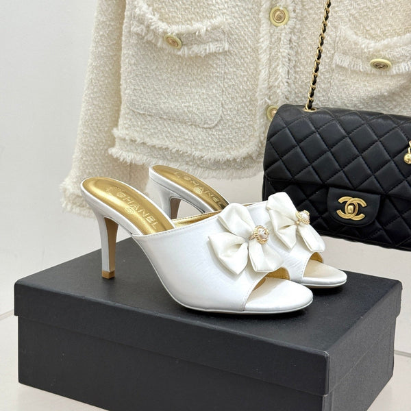 CC 26s Bow Slippers High Heel 75mm White Satin Sheepskin 615744