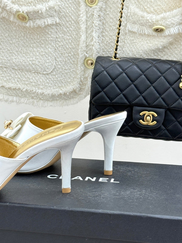 CC 26s Bow Slippers High Heel 75mm White Satin Sheepskin 615744