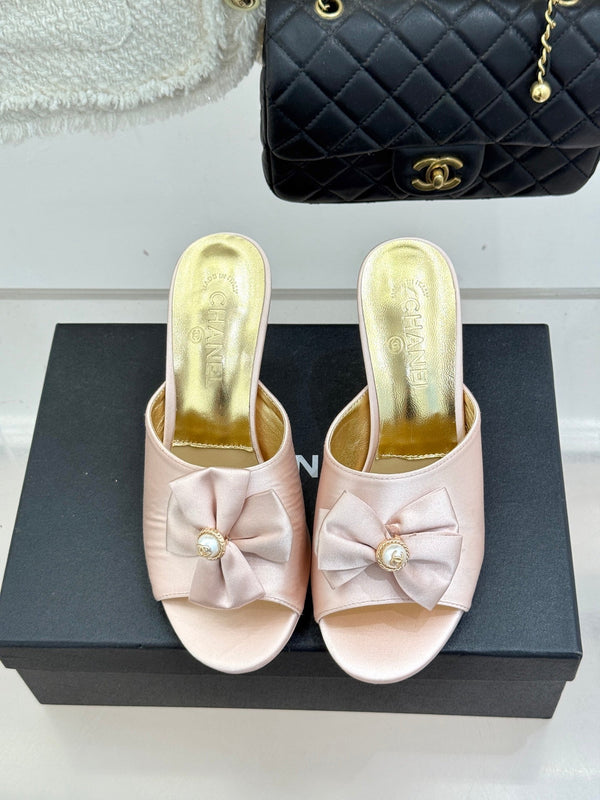 CC 26s Bow Slippers High Heel 75mm Pink Satin Sheepskin 615743