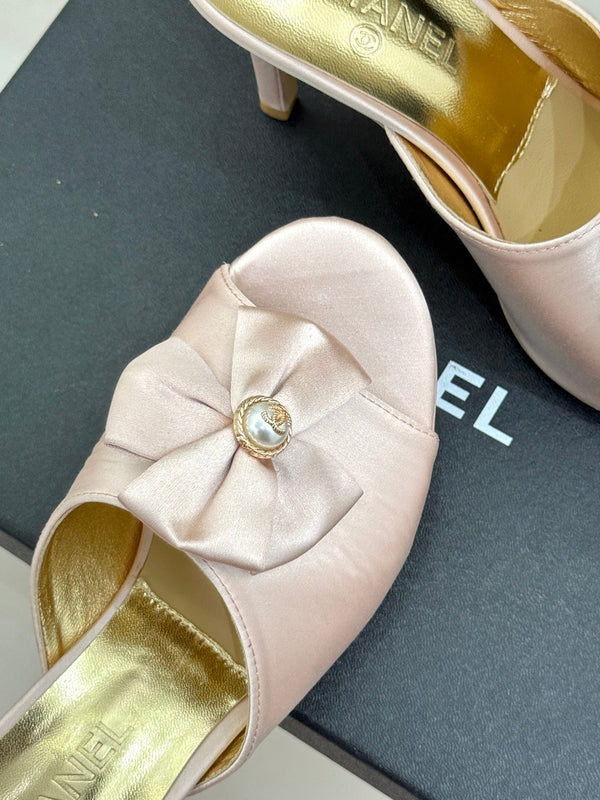 CC 26s Bow Slippers High Heel 75mm Pink Satin Sheepskin 615743