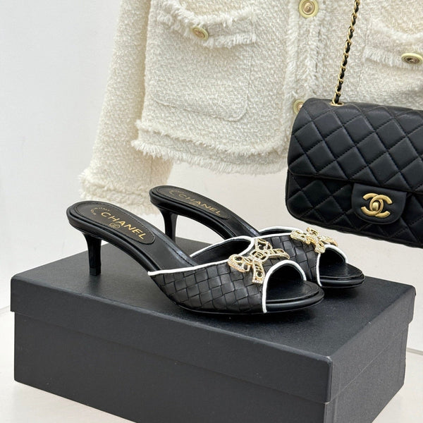 CC Classic Rhinestone Double C Bow Kitten Heel Slippers Black in Cowhide Weaving 615817