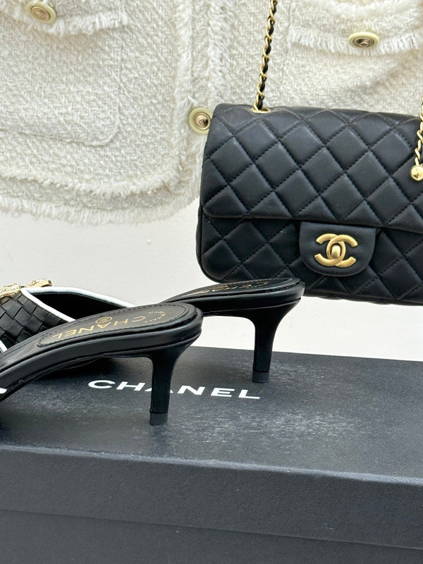 CC Classic Rhinestone Double C Bow Kitten Heel Slippers Black in Cowhide Weaving 615817