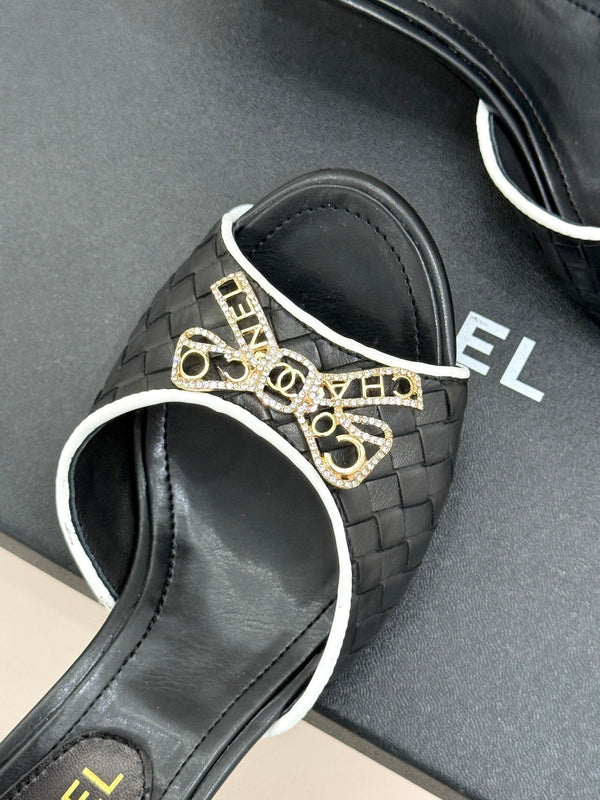 CC Classic Rhinestone Double C Bow Kitten Heel Slippers Black in Cowhide Weaving 615817