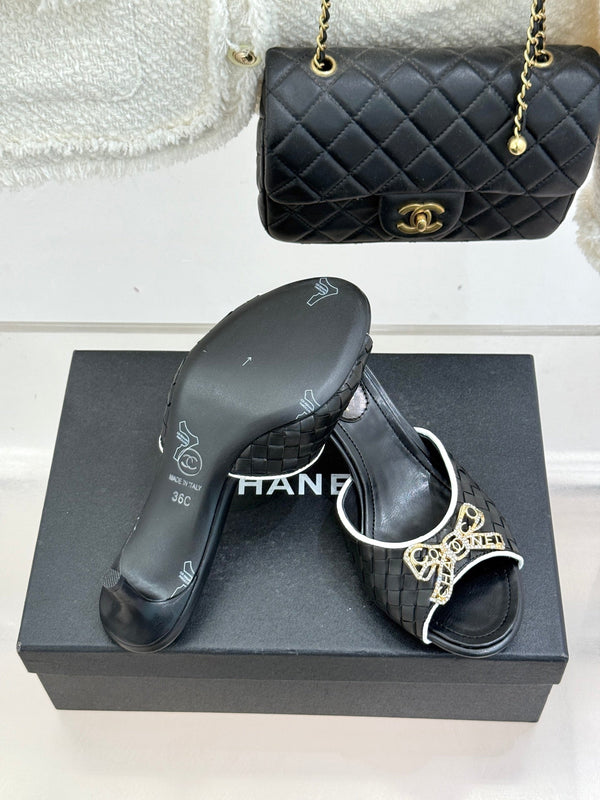 CC Classic Rhinestone Double C Bow Kitten Heel Slippers Black in Cowhide Weaving 615817