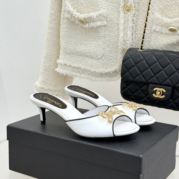 CC Classic Rhinestone Double C Bow Kitten Heel Slippers White in Cowhide 615816