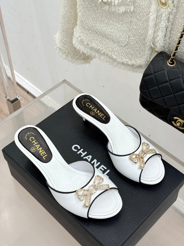 CC Classic Rhinestone Double C Bow Kitten Heel Slippers White in Cowhide 615816