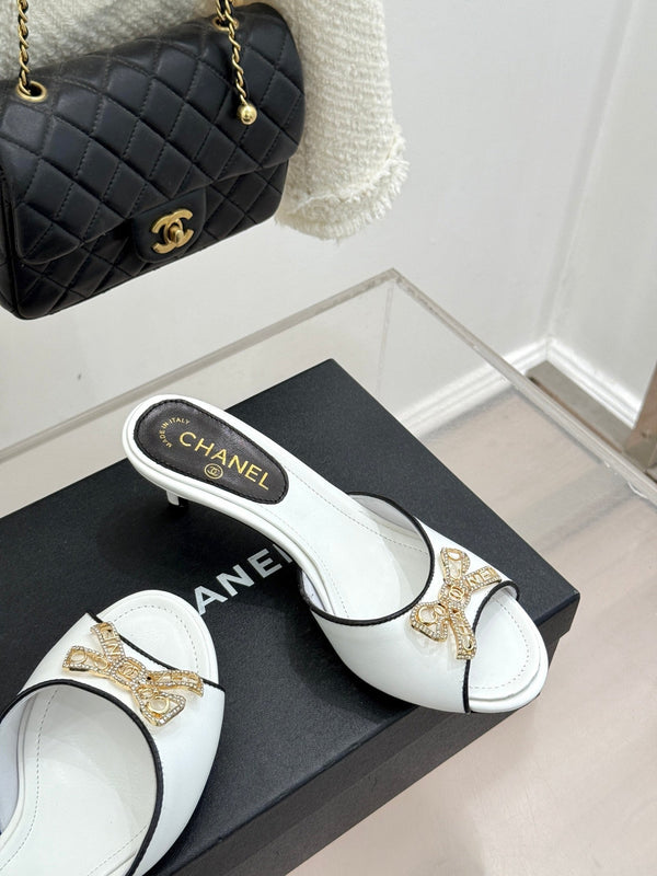 CC Classic Rhinestone Double C Bow Kitten Heel Slippers White in Cowhide 615816