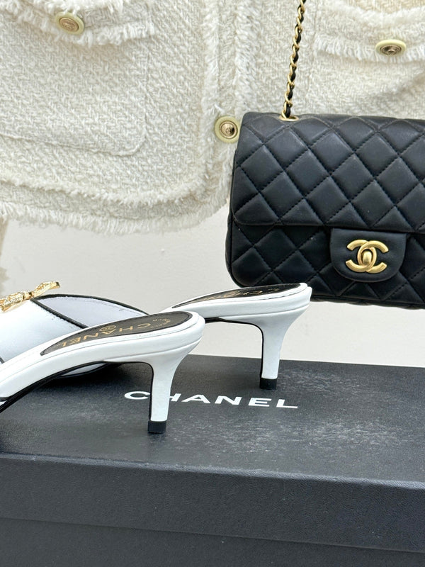 CC Classic Rhinestone Double C Bow Kitten Heel Slippers White in Cowhide 615816