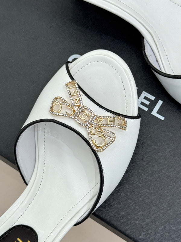 CC Classic Rhinestone Double C Bow Kitten Heel Slippers White in Cowhide 615816
