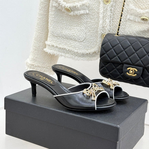 CC Classic Rhinestone Double C Bow Kitten Heel Slippers Black in Cowhide 615815