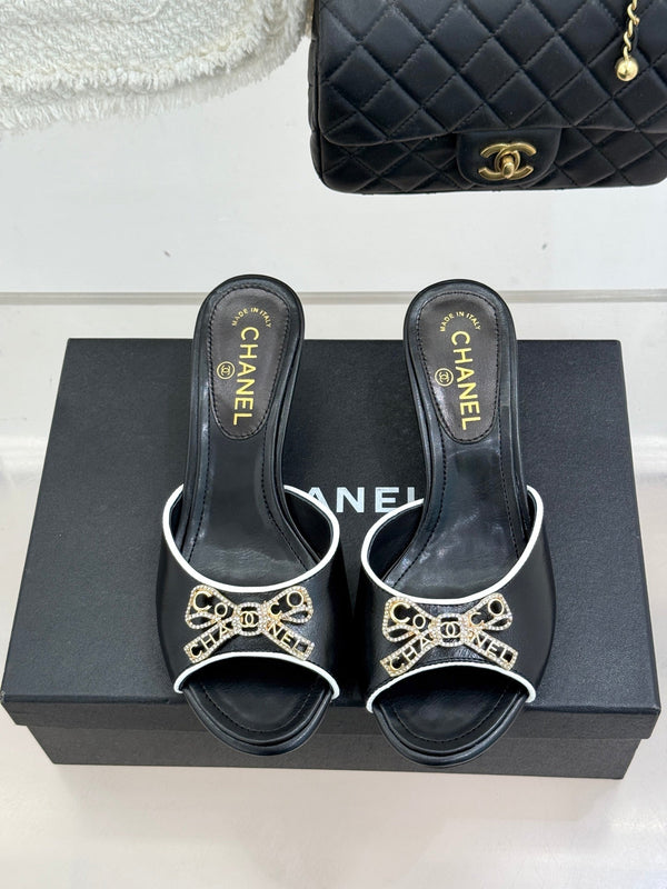 CC Classic Rhinestone Double C Bow Kitten Heel Slippers Black in Cowhide 615815