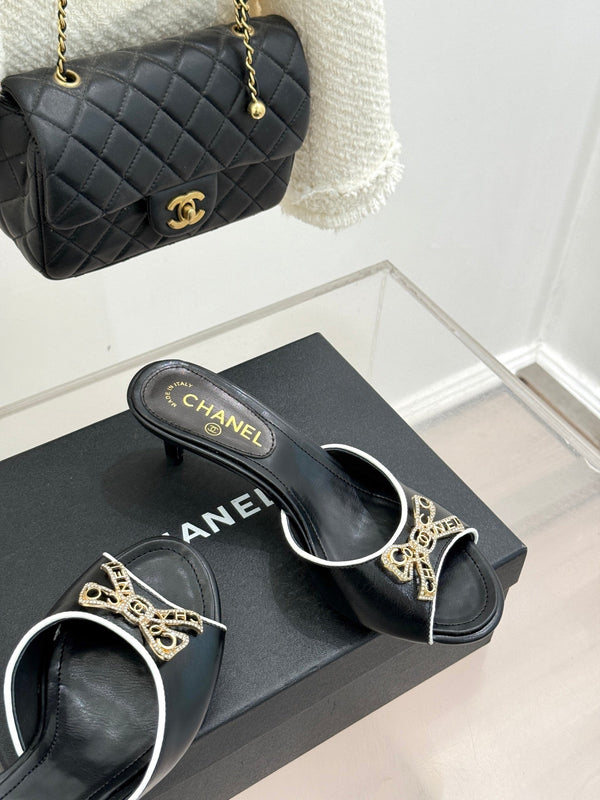 CC Classic Rhinestone Double C Bow Kitten Heel Slippers Black in Cowhide 615815