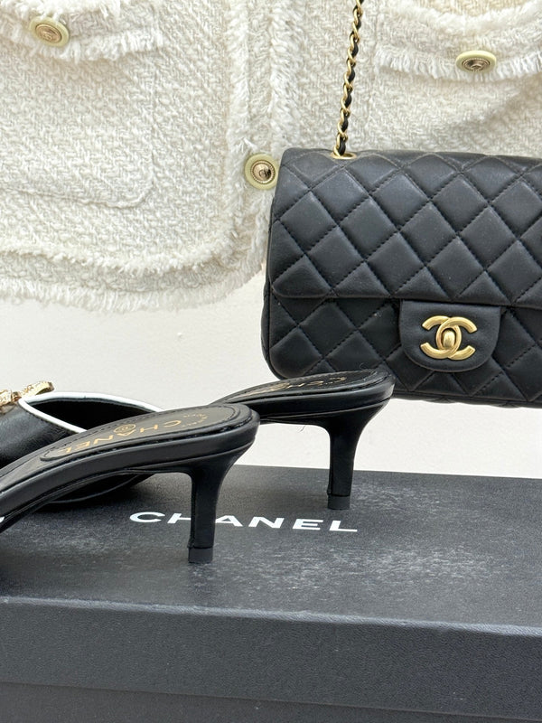 CC Classic Rhinestone Double C Bow Kitten Heel Slippers Black in Cowhide 615815