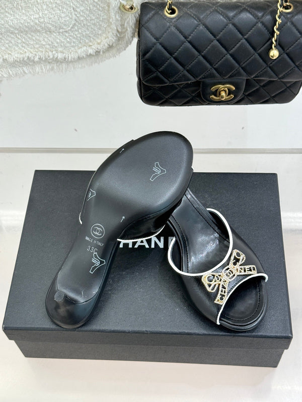 CC Classic Rhinestone Double C Bow Kitten Heel Slippers Black in Cowhide 615815