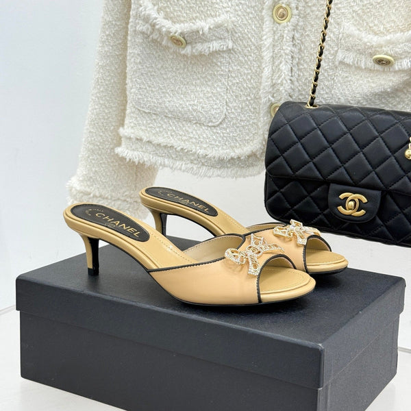 CC Classic Rhinestone Double C Bow Kitten Heel Slippers Beige in Cowhide 615814