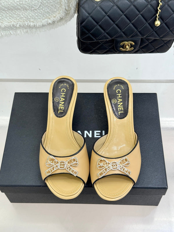 CC Classic Rhinestone Double C Bow Kitten Heel Slippers Beige in Cowhide 615814