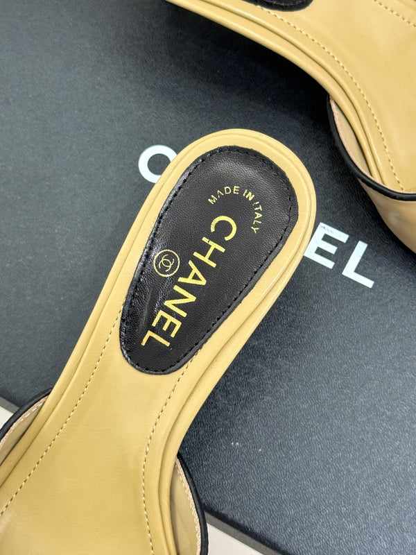 CC Classic Rhinestone Double C Bow Kitten Heel Slippers Beige in Cowhide 615814