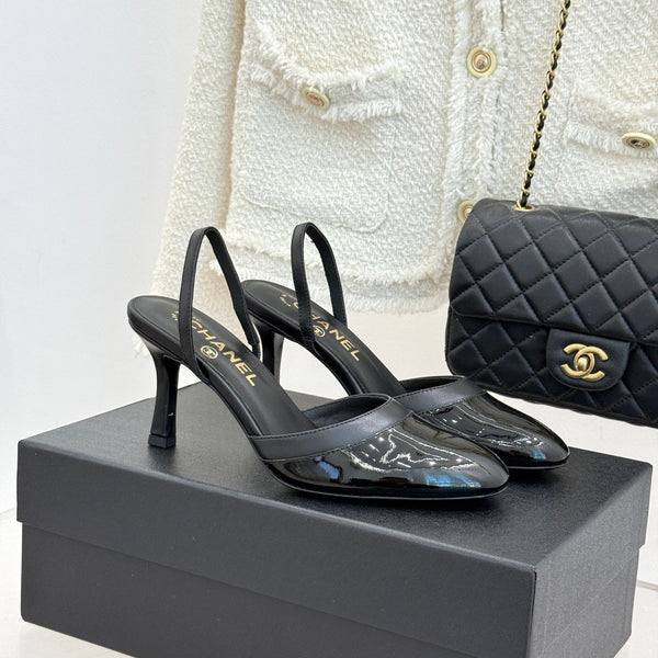 Chanel 26C Open-Back High-Heel Sandals Black in Leather 615703