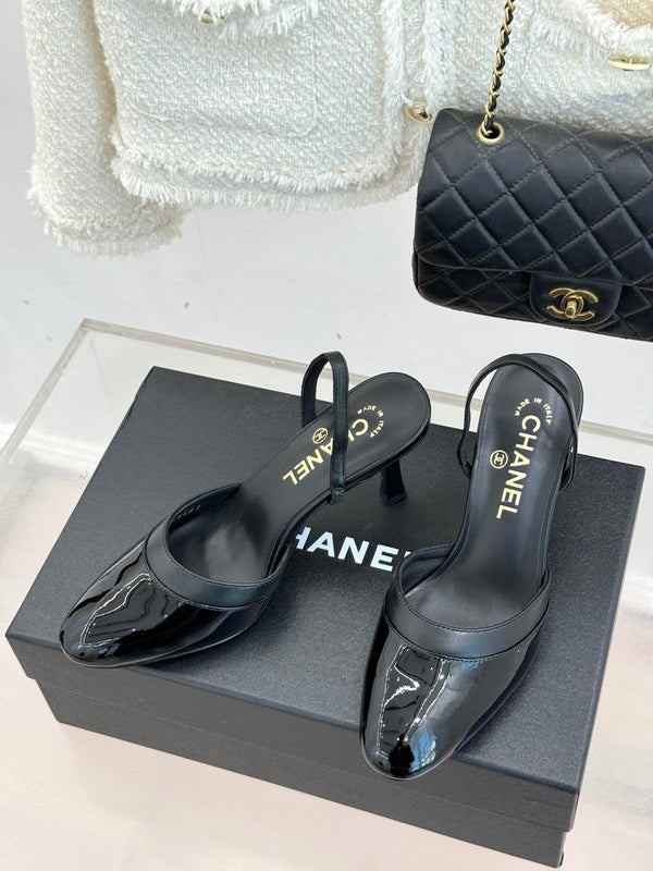 Chanel 26C Open-Back High-Heel Sandals Black in Leather 615703