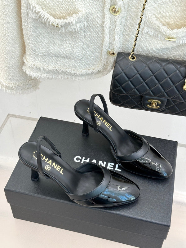 Chanel 26C Open-Back High-Heel Sandals Black in Leather 615703